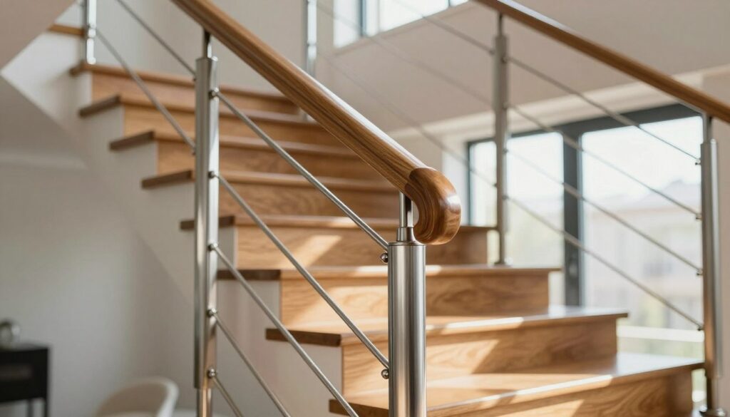 A beautifully designed indoor staircase featuring a combination of warm wood and sleek stainless steel railings. In the foreground, highlight the polished wooden handrail with intricate details, smoothly transitioning into brushed stainless steel posts. The middle of the image showcases a set of stairs with wooden treads that reflect natural light, contrasting with the cool metallic sheen of the railings. The background includes a softly lit, modern interior space with large windows allowing natural light to stream in, casting gentle shadows. Capture this scene from an angle that emphasizes both the elegant curves of the handrails and the stark lines of the staircase, creating a harmonious blend of materials. The overall mood should be inviting, showcasing the innovative use of mixed materials in a stylish home environment.