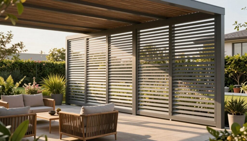 A beautifully designed patio scene featuring modern louvers as the focal point. In the foreground, a stylish outdoor seating area with comfortable furniture made from natural materials, inviting relaxation. The middle ground showcases sleek, contemporary aluminum louvers providing privacy and shade, their slats angled to block direct sunlight while allowing a gentle breeze to flow through. In the background, vibrant greenery and flowering plants enhance the outdoor experience, creating a tranquil atmosphere. The scene is lit with warm, golden hour sunlight casting soft shadows, giving it a peaceful and welcoming glow. Use a wide-angle lens perspective to capture the spaciousness of the patio while emphasizing the modern design elements of the louvers. The overall mood is calm and serene, ideal for relaxation or informal gatherings.
