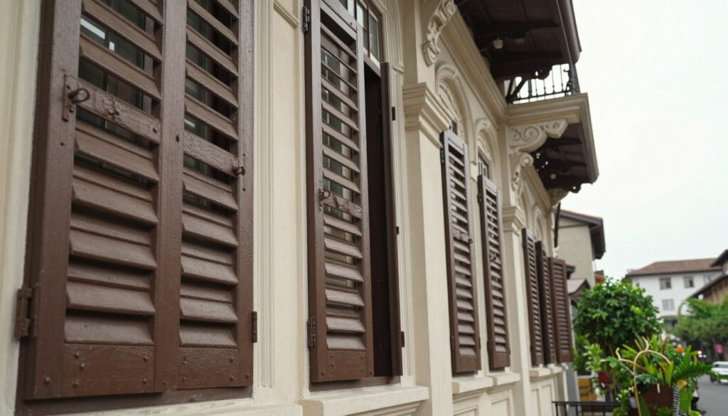 A close-up view of historic district louvers on a beautifully preserved urban building, showcasing their intricate craftsmanship and design. The foreground features detailed textures of the wooden or metal louvers, angled to provide privacy while allowing light to filter through. In the middle ground, the façade of the building is adorned with classic architectural elements, such as ornate moldings and window frames, beneath a soft, diffused natural light that highlights the features of the structure. The background reveals a serene cityscape with greenery, evoking a sense of harmony between urban living and privacy. The mood is calm and inviting, captured at a slight upward angle to emphasize the louvers’ functional aesthetic within the community environment.