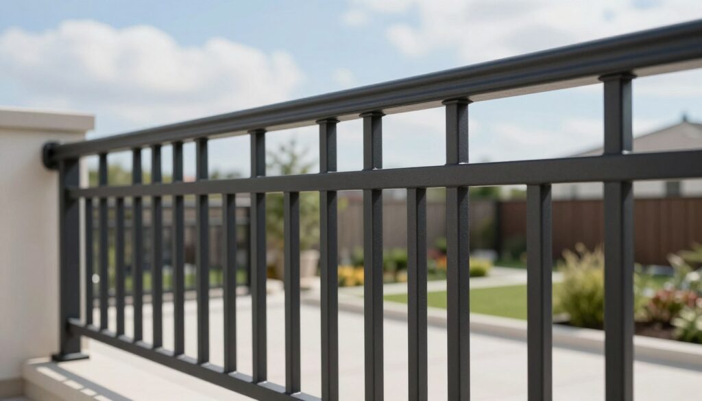 A close-up view of low maintenance metal railings featuring a sleek, powder-coated finish, showcasing an array of colors including matte black and deep gray. The railings are elegantly designed with a contemporary aesthetic, emphasizing clean lines and durability. In the foreground, the smooth texture of the railings glistens subtly in natural sunlight, highlighting their weather-resistant properties. The middle ground displays these railings installed along a modern residential balcony overlooking a landscaped garden. The background reveals a clear blue sky and soft clouds, creating an inviting atmosphere. The image should capture a sense of tranquility and sophistication, with a focus on the railings' ability to blend seamlessly into both residential and commercial designs. Soft, diffused lighting enhances the details and texture of the powder-coated finish.