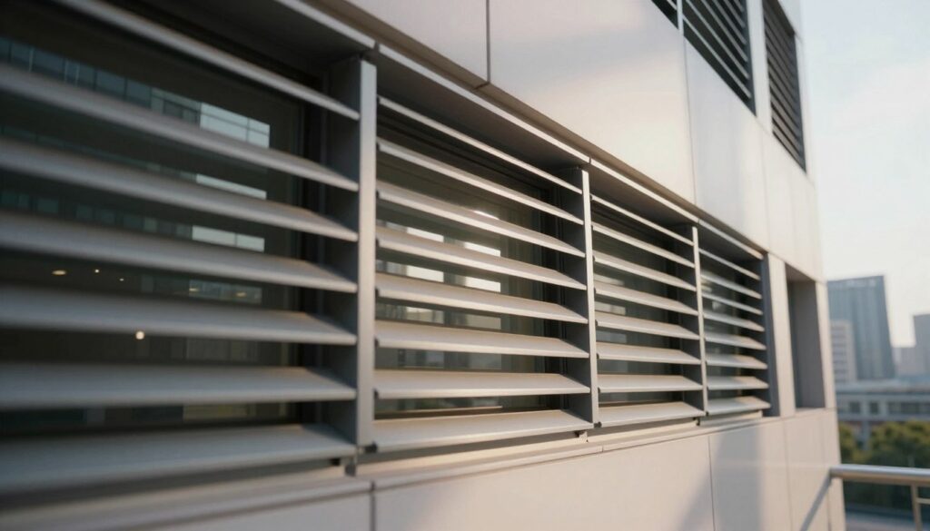 A close-up view of natural ventilation louvers integrated into a modern office building facade, showcasing their intricate design and function. The foreground features the louvers with a focus on their slatted structure, allowing fresh air to pass through while providing privacy. In the middle ground, sunlight filters through the louvers, casting interesting shadows on the wall behind. The background includes a glimpse of a bustling city skyline, hinting at the outdoor environment that contributes to indoor air quality. The scene is illuminated with soft, natural lighting to create a calm and professional atmosphere. Taken from a slightly low angle to emphasize the architectural elegance and efficiency of the ventilation system.