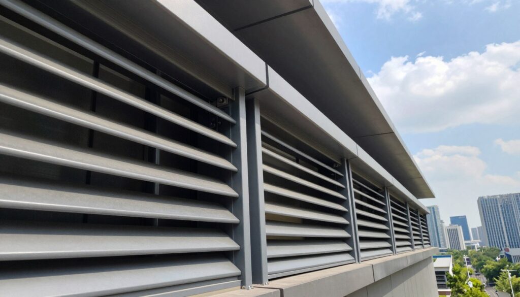 A close-up view of wind load louvers installed on a modern building, showcasing their sleek, aerodynamic design. The foreground features detailed textures of the metallic finishes, highlighting the louvers’ adjustable slats that enhance airflow and privacy. In the middle ground, several louvers are aligned systematically, demonstrating the fixing systems and installation methods typical in energy-efficient architecture. The background captures a contemporary urban skyline, bathed in natural daylight, with blue skies and scattered clouds enhancing the atmosphere of innovation and sustainability. A wide-angle perspective emphasizes the louvers' impact on the building's design, conveying a sense of sophisticated engineering and long-term maintenance.