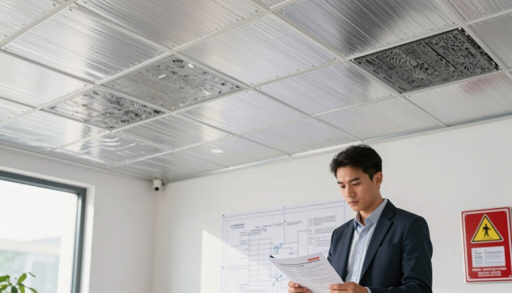 A contemporary commercial building interior showcasing aluminum ceiling panels with integrated fire safety features. In the foreground, a close-up view of a varied aluminum ceiling design, highlighting fire-resistant materials and detailed textures. The middle ground includes an architect or contractor in professional attire, examining fire safety compliance documents, with a focus on their attentive expression. The background features blueprints and a wall-mounted fire safety certification, subtly illuminated by natural light streaming through large windows. The atmosphere conveys professionalism, safety, and compliance, with a clean and organized setting. Soft focus on the edges enhances the central elements, emphasizing the importance of fire safety standards for aluminum ceiling materials.