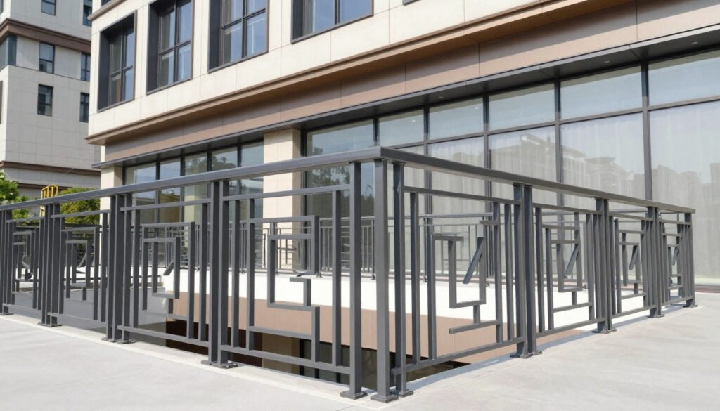 A detailed CAD design of a sleek, modern metal railing system specifically tailored for a high-profile commercial project. The foreground showcases intricate railings with geometric patterns, demonstrating innovative engineering solutions. The middle ground includes architectural elements like glass panels, enhancing the overall aesthetic while ensuring safety. In the background, a contemporary commercial building façade is visible, accented with natural light reflecting off polished surfaces. The scene is captured from a low angle, emphasizing the height and complexity of the railing. The lighting is bright and professional, creating a clear, inviting atmosphere that reflects precision and modern design sensibilities. The image is devoid of any text, watermarks, or distracting elements.