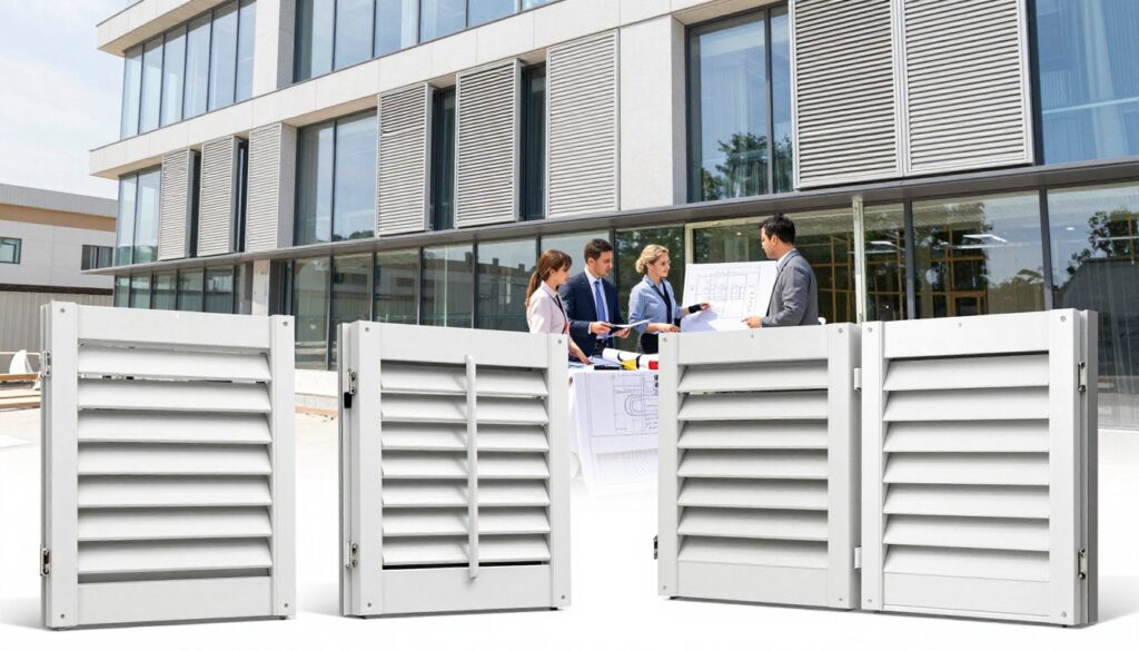 A detailed architectural illustration of louvers, focusing on their specifications and installation best practices. In the foreground, showcase two types of louvers: adjustable and fixed, highlighting their unique features with close-up shots that display textures and materials. In the middle ground, include a partially assembled facade with professionals in business attire discussing installation techniques, surrounded by blueprints and tools, conveying a sense of collaboration. The background should feature a modern building with large glass panels and multiple louvered systems integrated into its design. Use natural daylight to create a bright and inviting atmosphere, reflecting a clean and professional workspace. The camera angle should be slightly elevated, capturing both the louvers and the context of their application in architecture.