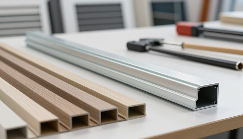 A detailed comparison of louver materials showcasing aluminum louvers in a professional setting. In the foreground, display two distinct sections of louvers: one made of traditional materials, textured and featuring natural colors, and the other an aluminum louver with a sleek, modern finish. The middle ground features a clean workspace with tools and materials related to louver installation. In the background, a blurred view of a commercial building facade highlights the application of louvers. The lighting is bright and even, with soft shadows, creating a clear and professional atmosphere. Use a shallow depth of field to emphasize the louvers while keeping the surroundings appropriately blurred. The angle should be slightly elevated, offering a comprehensive view of the materials, enhancing their contrast and texture.