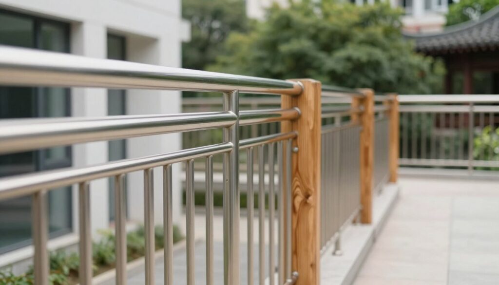 A detailed composition showcasing a side-by-side comparison of stainless steel railings and wooden railings, highlighting their durability. In the foreground, a shiny stainless steel railing gleams under soft, natural light, reflecting its polished surface. Next to it, a wooden railing displays natural grain patterns, emphasizing its organic texture. The middle ground exhibits an urban setting with minimalist architecture, blending modern with traditional styles. The background features lush greenery to convey a serene atmosphere. Use a shallow depth of field to focus on the railings while gently blurring the surroundings. The warm tones of the wood contrast with the cool, sleek appearance of stainless steel, evoking a sense of safety and aesthetic appeal.