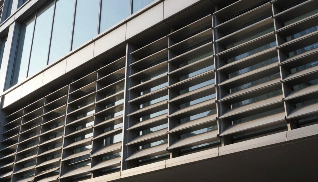 A detailed depiction of blade profile louvers installed on a modern building façade. In the foreground, the louvers feature sleek, angular blades arranged in a purposeful orientation, showcasing a staggered spacing that allows light to filter through while maintaining privacy. The middle ground displays the building's glass panels reflecting sunlight, creating a dynamic visual interplay with the louvers. The background features a clear blue sky, enhancing the architectural elegance and functionality of the design. Soft lighting casts subtle shadows, adding depth and dimension. The overall mood is contemporary and professional, emphasizing the innovative role of blade profile louvers in enhancing energy efficiency and privacy in modern architecture.