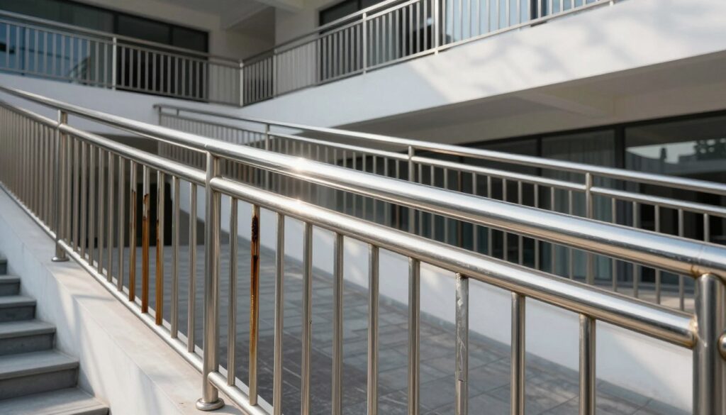 A detailed performance comparison image showcasing corrosion-resistant railings, specifically highlighting stainless steel options in modern architecture. In the foreground, prominently feature sleek, polished stainless steel railings with a reflective surface, demonstrating their durability and aesthetic appeal. In the middle ground, include contrasting images of various railing materials like wood and aluminum showing signs of corrosion and wear. The background should depict a contemporary architectural setting, perhaps a modern balcony or staircase, illuminated by natural sunlight filtering through clouds, enhancing the ambience. Use a wide-angle lens effect to capture the full scale of the architecture, creating a clean and professional atmosphere that underscores the premium choice of stainless steel.