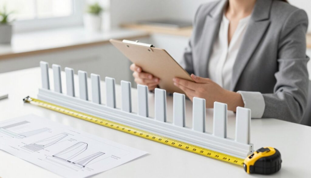 A detailed privacy fin sizing and height measurement guide, featuring a professional, clean layout. In the foreground, a measuring tape is laid out along a set of privacy fins, showing measurement markings and scale clearly. The middle ground displays a woman in professional business attire, carefully examining the dimensions of the fins with a clipboard in hand, focused on accuracy. In the background, a bright, well-lit workspace featuring a drafting table with diagrams of various fin sizes and applications. The lighting is soft yet bright, emphasizing clarity and focus, with a slight depth of field effect that draws attention to the fins. The atmosphere is one of professionalism and precision, ideal for a technical guide.