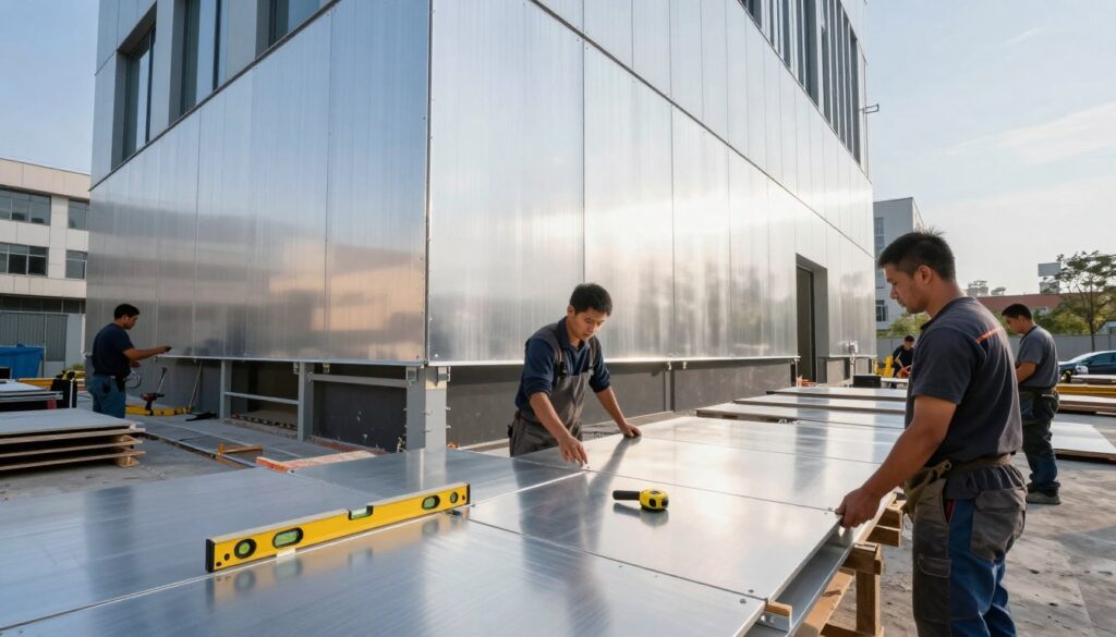 A detailed scene depicting the installation process of aluminum facade with modular panels. In the foreground, skilled workers in professional attire carefully align and secure shiny aluminum panels, showcasing precision and teamwork. The middle ground features a half-installed facade on a modern building, highlighting the structural support beneath and various tools scattered around, including a level, drill, and measuring tape. In the background, a clear blue sky complements the contemporary architecture of neighboring buildings, emphasizing a bustling urban environment. Soft, natural daylight illuminates the scene, casting gentle shadows that enhance the textures of the aluminum panels. The overall atmosphere conveys a sense of professionalism and innovation in modern architecture.