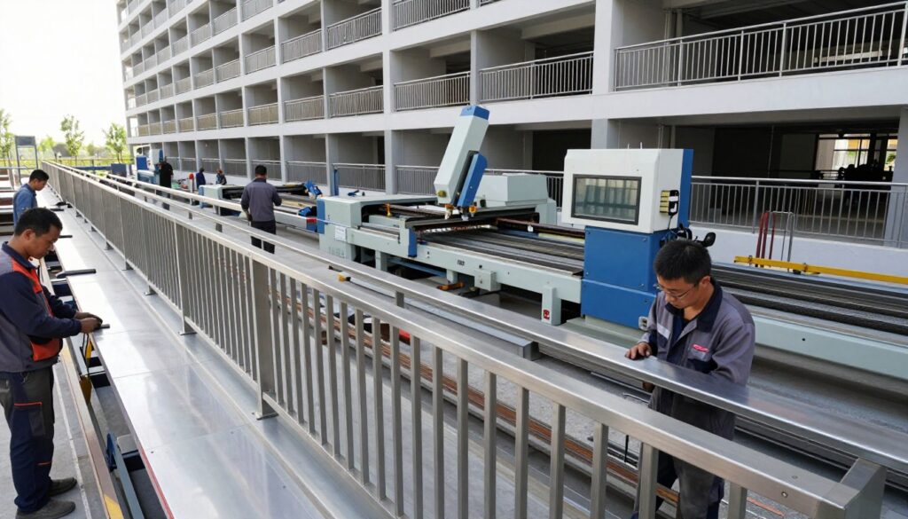 A detailed view of metal panel fabrication for balcony safety railings in a high-rise building project. In the foreground, showcase a workshop with skilled fabricators in professional attire, expertly working on sleek, modern metal railings. Bright, natural light illuminates the space, highlighting the precision and craftsmanship involved. The middle ground features cutting-edge machinery and tools, including welding equipment and metal cutting machines, conveying a high-tech environment. In the background, partially completed balcony railings are visible, emphasizing the scale of the project—stretching for miles. Create an atmosphere of industriousness, efficacy, and safety in this bustling fabrication setting, showcasing the importance of engineered solutions for high-rise architecture. Use an angled perspective to enhance depth, with a wide lens to capture the intricate details of the fabrication process.