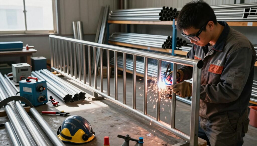 A detailed workshop scene showcasing the fabrication process of stainless steel railings for commercial projects. In the foreground, a skilled fabricator in professional work attire is welding a railing section, with sparks flying, showcasing craftsmanship and precision. The middle ground features various tools and materials neatly arranged, including stainless steel tubing, welding equipment, and safety gear. The background includes shelves stocked with completed railing pieces, hinting at a busy manufacturing environment. Natural light filters in through large windows, casting dynamic shadows, while cool, polished surfaces of the steel reflect this light, creating a professional yet industrious atmosphere. Capture the essence of metalwork, emphasizing strength and quality in the fabrication process.