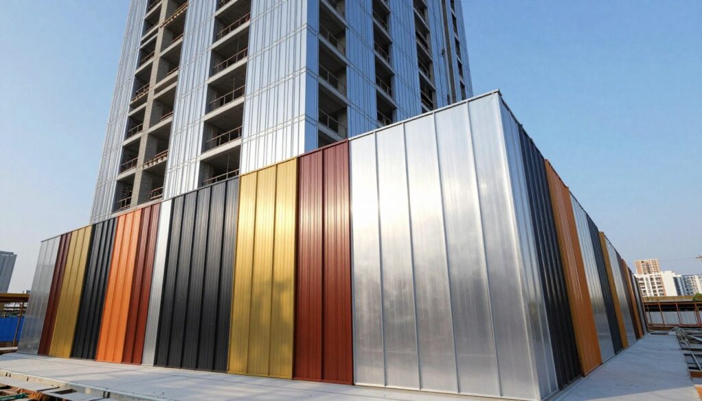 A large-scale construction project featuring sleek PVDF coated aluminum architectural panels in a modern urban setting. In the foreground, showcase the vibrant metallic textures and colors of the panels reflecting sunlight. The middle ground includes a partially completed high-rise building with panels installed, demonstrating their use in contemporary architecture. In the background, a clear blue sky and distant skyline emphasize the scale of the development. Utilize bright, natural lighting to enhance the dynamic nature of the scene. The angle should be slightly elevated to capture the architectural details and perspective of the panels. The mood is innovative and inspiring, reflecting how customized metal panels redefine modern architecture.