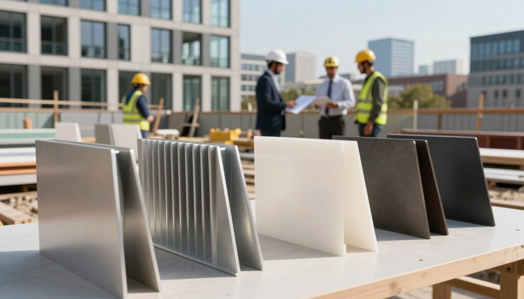 A meticulously arranged scene showcasing prefabricated fins and louvers designed for urban buildings. In the foreground, several sleek, modern fins in various materials like aluminum and fiberglass are displayed, highlighting their smooth finishes and intricate designs. The middle ground features construction workers, dressed in professional business attire and safety gear, discussing installation logistics around a building site. The background captures an urban skyline, with contemporary architecture visible against a clear blue sky. Soft, natural lighting illuminates the scene, casting gentle shadows to enhance the three-dimensional effect. The atmosphere conveys a sense of professionalism and innovation in urban design. No text or markings are present in the image.