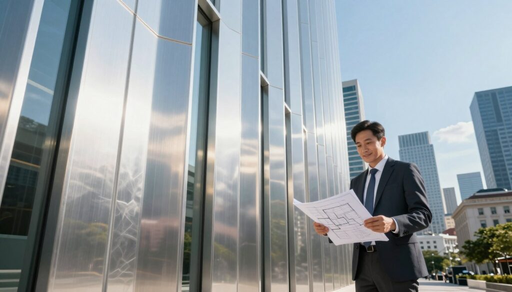 A modern aluminum facade system showcased in a sleek, contemporary building, emphasizing expert craftsmanship and design innovation. In the foreground, display a polished aluminum panel with intricate patterns reflecting the sunlight, highlighting its texture and sheen. In the middle ground, feature a construction professional in business attire, examining architectural plans with a confident expression, symbolizing trust and expertise. The background should include a vibrant city skyline with a mix of modern and classic buildings, under a clear blue sky, setting a positive and inspiring atmosphere. Use soft, natural lighting to create depth and focus on the aluminum facade, captured from a low-angle perspective to accentuate its grandeur and importance in modern architecture.