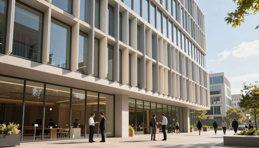 A modern architectural facade featuring privacy fins and louvers that effectively reduce HVAC demand, illustrated in a sunny urban environment. In the foreground, a sleek building with large windows, showcasing horizontal and vertical fins that create a dynamic interplay of light and shadow. The middle ground includes people in professional business attire interacting with the space, highlighting comfort and functionality. In the background, a clear blue sky contrasts with the sleek lines of the building, emphasizing energy efficiency. Soft, natural daylight floods the scene, creating a warm and inviting atmosphere. Use a low angle perspective to capture the architecture's innovative design, making the fins and louvers a focal point while ensuring the image reflects sustainability and modern efficiency.