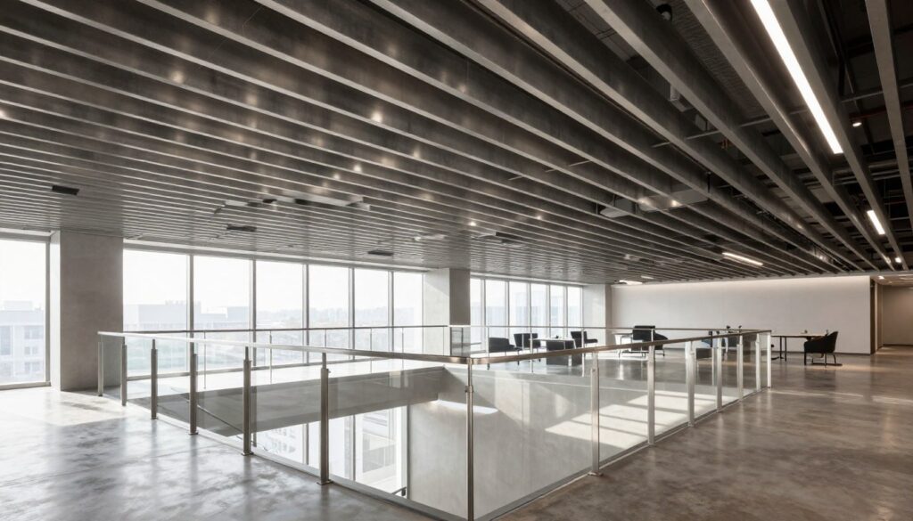 A modern architectural interior featuring a striking metal baffle ceiling design, showcasing sleek, linear metallic panels in a contemporary office environment. In the foreground, there are elegant metal railing systems that add depth and structure, with smooth finishes reflecting light. The middle ground captures a spacious room filled with natural light streaming through large windows, casting dynamic shadows on polished concrete flooring. The background includes minimalistic furniture, accentuating the clean lines and industrial aesthetic of the space. The atmosphere is professional and inviting, highlighting the benefits of metal systems. Soft, diffused lighting enhances the metallic textures, with a focus on intricate details of the ceiling design. The image is taken from a slightly elevated angle to emphasize the architectural elements.