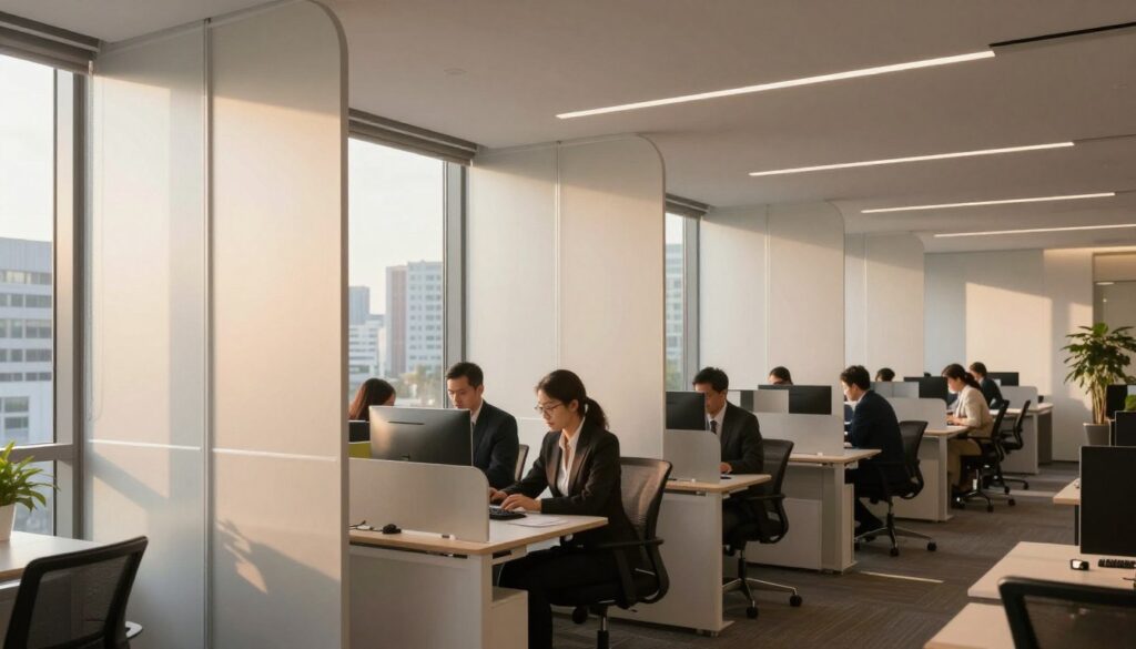 A modern architectural office space featuring sleek privacy fins strategically integrated into large windows. In the foreground, the fins cast gentle shadows, highlighting their elegant design while softening harsh sunlight, reducing glare, and enhancing occupancy comfort. In the middle ground, a diverse group of professionals in business attire work focused at their desks, bathed in warm, diffused natural light. The background showcases a vibrant cityscape through the windows, contrasting the calm atmosphere within. The image captures a serene, productive environment with a warm color palette, showcasing functionality and design. Use a wide-angle lens to create depth, and emphasize soft, natural lighting throughout the scene to evoke a sense of tranquility and modern elegance.