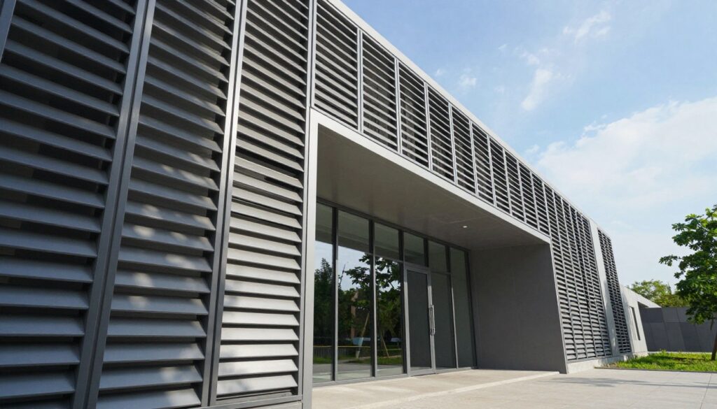 A modern architectural setting showcasing a louver system integrated into a sleek, contemporary building facade. In the foreground, a close-up view of adjustable louvers casting intricate shadows on the wall, revealing their functionality in sunlight control. In the middle ground, the building's entrance features large glass panels harmonizing with the louver design, reflecting the surrounding greenery. The background captures a blue sky with a few wispy clouds, enhancing the mood of sustainability and innovative design. Soft, natural lighting illuminates the scene, creating a vibrant yet calm atmosphere. A low-angle perspective highlights the louvers’ geometric patterns and craftsmanship, emphasizing their role in climate protection and aesthetic appeal.
