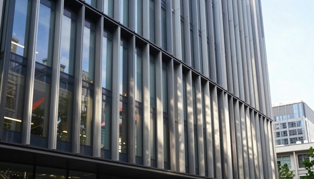 A modern commercial building façade featuring a sleek installation of privacy fins, showcasing an innovative design that blends seamlessly with the architecture. In the foreground, highlight the textured surface of the fins with sunlight casting shadows that create a dynamic pattern. The middle layer displays the building's large glass windows reflecting the sky and surrounding environment. In the background, include a vibrant cityscape, emphasizing the urban context. Utilize natural daylight to enhance the atmosphere, creating a sense of professionalism and creativity. The angle should be slightly tilted to capture both the verticality of the fins and the depth of the façade, evoking a sense of modern sophistication. No people are present in the image, focusing solely on the architectural elements.