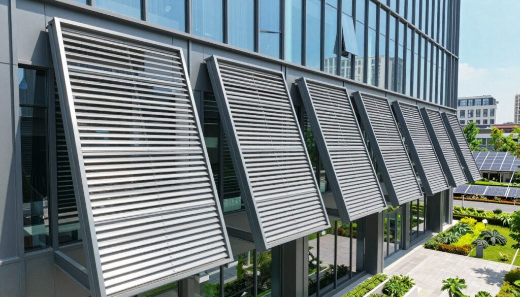 A modern commercial building featuring an array of sleek, metallic louver systems designed to optimize energy efficiency. In the foreground, the louvers are angled to show how they reduce direct sunlight, creating shaded areas that promote cooling. The middle ground displays a vivid urban scenery with green landscaping and solar panels, emphasizing sustainability. In the background, a bright blue sky contrasts with the building's reflective glass. Use natural lighting to highlight the textures of the louvers and the play of shadows they create. Capture the scene from a slightly elevated angle, conveying a sense of innovation and professionalism. The atmosphere should feel clean, modern, and eco-friendly, illustrating a commitment to long-term cost savings through energy conservation.