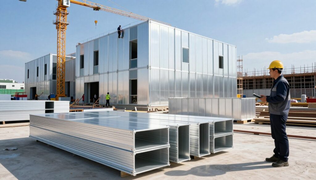 A modern construction site featuring prefabricated aluminum modules for facade systems, designed for quick installation. In the foreground, several sleek, shiny aluminum panels are stacked neatly, showing their modular design. A construction worker in professional attire inspects the modules, holding a tablet. In the middle ground, cranes and workers efficiently assemble the facade onto a mid-rise commercial building with a clear blue sky overhead, emphasizing progress and activity. In the background, the building's skeleton can be seen, hinting at rapid construction. The scene is well-lit with natural sunlight, casting soft shadows and highlighting the reflective surfaces of the aluminum. The overall mood is dynamic and innovative, showcasing the efficiency and modernity of the aluminum facade system.