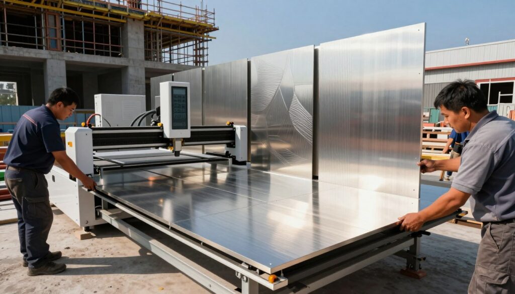 A modern construction site featuring the installation of customized metal panels using advanced digital fabrication technology. In the foreground, skilled workers in professional attire carefully align sleek, reflective metal panels with precision tools and equipment. In the middle, a digital fabrication machine is actively shaping components, showcasing intricate designs and patterns on the panels. The panels exhibit a mix of brushed and polished finishes, emphasizing their modern aesthetics. The background highlights a partially constructed commercial building, with clear blue skies and scaffolding. Natural lighting casts dynamic shadows, enhancing the texture and details of the materials. The atmosphere is industrious and innovative, reflecting cutting-edge techniques in material selection and fabrication processes.