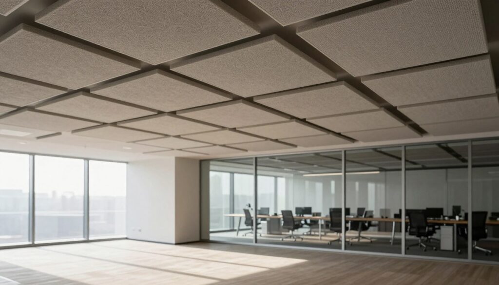 A modern interior featuring an array of acoustic ceiling panels designed for sound absorption, showcasing a harmonious blend of aesthetics and functionality. In the foreground, the panels are textured with a subtle geometric pattern, arranged in an engaging layout, highlighting their sound management capabilities. The middle ground reveals a sleek, minimalist office environment with soft, diffused lighting streaming from large windows, casting gentle shadows across the floor. In the background, elements of contemporary architecture, like glass walls and metal beams, enhance the modern feel. The overall atmosphere is calm and professional, evoking focus and tranquility, ideal for a workspace dedicated to productivity and sound control. The scene is captured from a slightly elevated angle to showcase both the ceiling and the spacious room below.