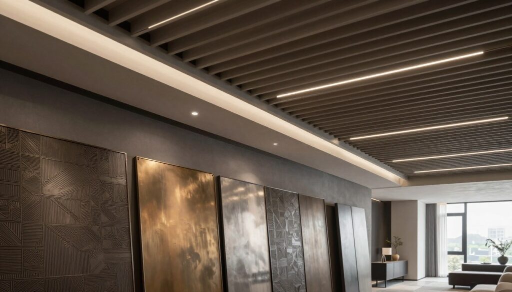 A modern interior featuring decorative metal panels and sleek linear ceiling systems, emphasizing design versatility and customization. In the foreground, a close-up view shows intricately patterned metal panels with various finishes—matte, polished, and brushed. The middle ground captures the linear ceiling system, showcasing a harmonious arrangement of baffles that create dynamic light and shadow play. The background includes a stylish, understated open space with minimalist furnishings, large windows, and natural light flooding in, enhancing the metallic textures. The scene is shot from a low angle to highlight the ceiling's architectural lines. The mood is sophisticated and contemporary, evoking a sense of innovation and elegance in interior design. Soft, ambient lighting enhances the metallic surfaces without harsh reflections.