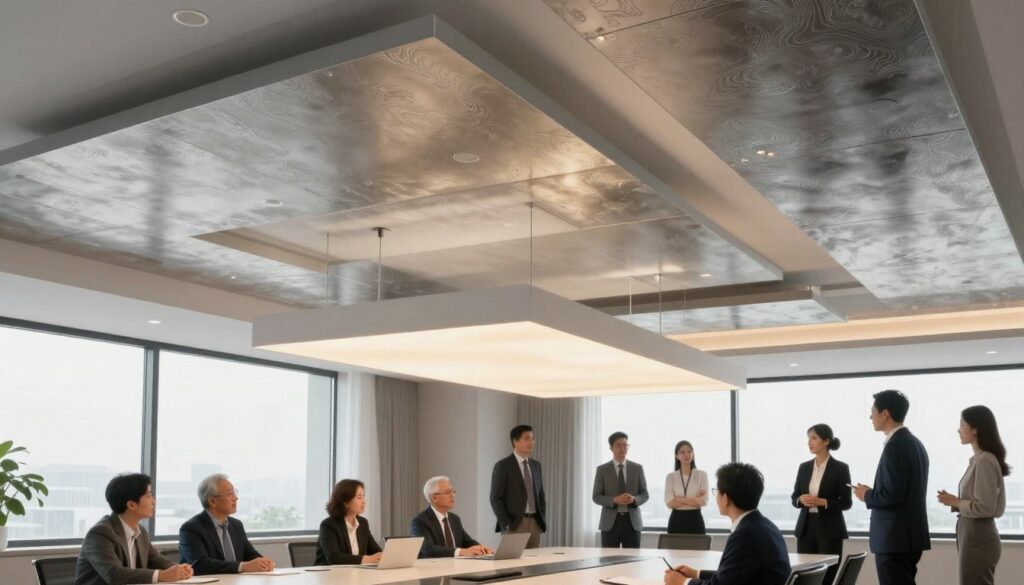 A modern interior showcasing a variety of custom aluminum ceiling finishes, highlighting design flexibility. In the foreground, a sleek conference room with multiple ceiling styles, from smooth to textured, featuring integrated lighting elements. In the middle ground, a large, elegant rectangular light fixture casts a warm glow, creating a professional atmosphere. The background shows a large window with natural light filtering in, enhancing the innovative ceiling designs. The colors are neutral with pops of metallic finishes, conveying sophistication. The room is filled with professional individuals in business attire discussing ceiling options, promoting a collaborative workspace vibe. The overall mood is one of creativity and modernity, with a focus on customizable architectural elements.