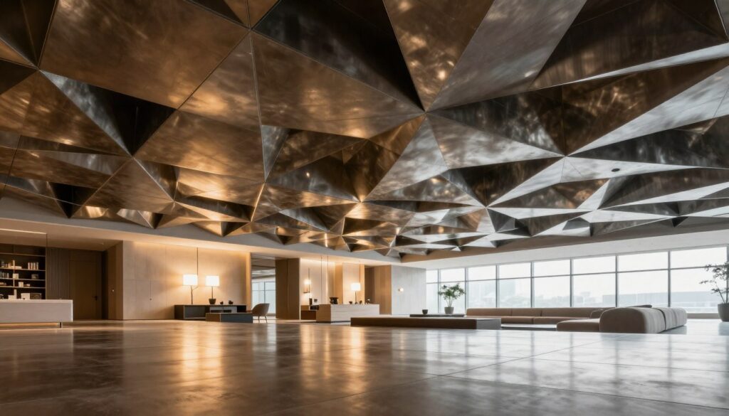 A modern interior showcasing an intricate geometric metal ceiling design with a blend of angular and curved patterns. The foreground features a polished metal plank ceiling that reflects warm, ambient lighting, creating a sophisticated atmosphere. In the middle ground, stylish furniture complements the ceiling’s design, with elegant fixtures and minimalistic decor that highlight the versatility of the space. The background reveals a large window allowing natural light to filter in, illuminating the metal patterns and enhancing their unique textures. Capture a sense of modern elegance and design innovation, emphasizing the harmony between geometry and functionality in this contemporary setting. Use a wide-angle perspective to capture the full expanse of the ceiling and room.