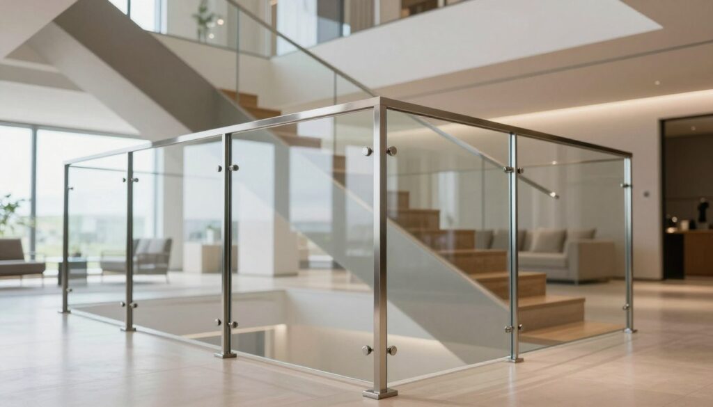 A modern interior space featuring a sleek glass railing with polished metal posts, highlighting a seamless design. In the foreground, the glass panels reflect light, showcasing their clarity and elegance. The metal posts are thin yet sturdy, creating an airy feel. In the middle ground, a stylish staircase with wooden steps complements the railing, leading up into well-lit upper levels. The background reveals a spacious, contemporary living area with minimalistic decor, large windows allowing natural light to flood in, and soft shadows enhancing the depth of the scene. The lighting is bright and inviting, evoking a sense of sophistication and tranquility. The angle captures the railing's integration with the overall design, emphasizing modernity and functionality.