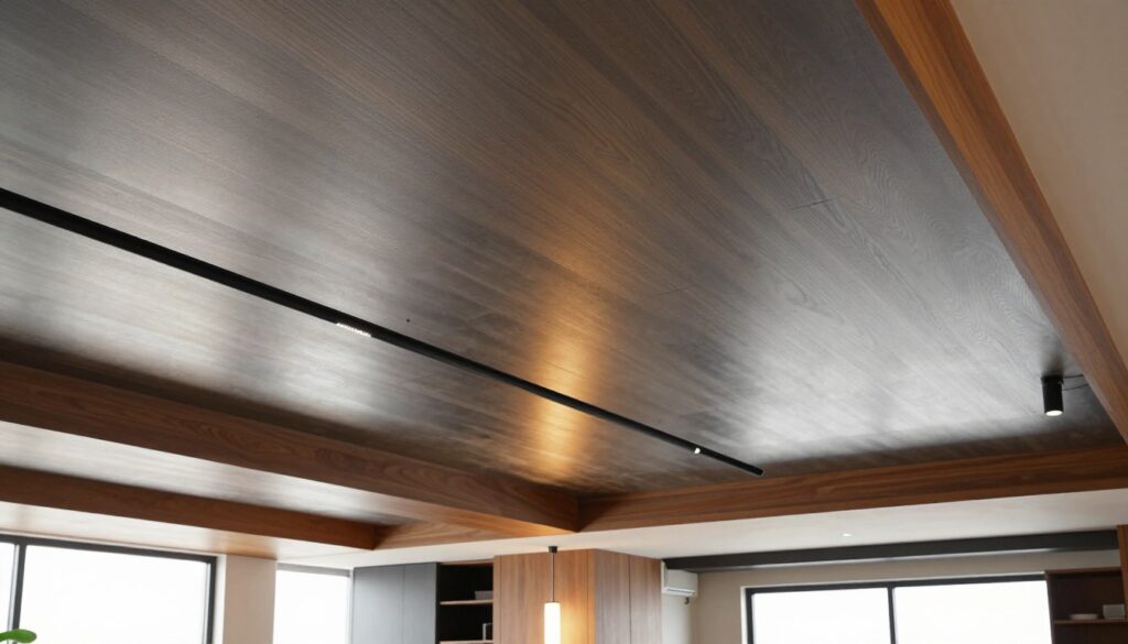 A modern interior space showcasing a sophisticated metal ceiling with a wood-grain finish. In the foreground, include sleek, minimalist lighting fixtures that enhance the ceiling's texture. The middle section features the ceiling's metallic planks, reflecting warm ambient light, juxtaposed with wooden elements to create a stylish contrast. In the background, a spacious room is adorned with contemporary furniture and large windows allowing natural light to filter in. Use a low-angle shot to emphasize the ceiling's height and design. The mood is elegant and inviting, highlighting the versatility of materials in modern interior design. Ensure the color palette includes warm tones to enhance the wood-grain effect against the cool metal.