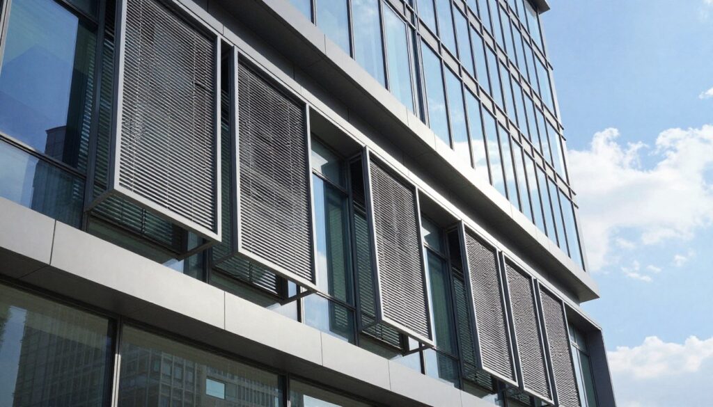 A modern office building facade featuring sleek, commercial louvers prominently integrated into the design. The foreground displays a series of stylish, angled louvers that optimize sunlight while maintaining an open and airy feel. In the middle ground, the reflective glass windows of the building catch the natural light, showcasing a professional, urban environment. The background reveals a bright blue sky with soft, wispy clouds, suggesting a sunny day. The overall lighting is bright and inviting, with a focus on showcasing the architectural elements clearly. The atmosphere conveys innovation and functionality, emphasizing the importance of louvers in modern architecture, highlighting their aesthetic appeal and energy efficiency. No people are present in the scene.