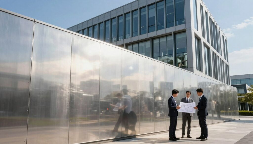 A modern office building featuring an installation of sleek, high-performance metal panels. In the foreground, display a close-up view of the meticulously placed metal panels with a shiny, reflective surface that captures ambient light. In the middle, include architects dressed in professional attire, examining blueprints and discussing design elements. The background should showcase the overall office structure with large glass windows contrasting the metal cladding, under a bright, clear blue sky. Utilize natural sunlight to create a dynamic interplay of shadows and highlights across the metal surfaces. The atmosphere is one of innovation and professionalism, illustrating the successful application of metal cladding in contemporary architecture.