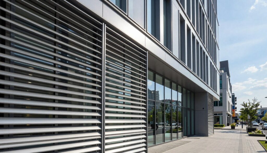 A modern office building featuring elegant, sleek louvers and privacy fins integrated into its facade, creating a sense of depth and architectural interest. In the foreground, a close-up of a stylish louver design, showcasing horizontal slats that create dynamic shadows and patterns on the surface. The middle ground reveals a contemporary office structure with large glass windows reflecting the surroundings, positioned on a bustling urban street. The background displays a clear blue sky, casting soft, natural light over the scene. The atmosphere is professional and inviting, emphasizing the blend of aesthetics and functionality in modern design. The image should evoke a sense of innovation and sophistication, suitable for a commercial setting.