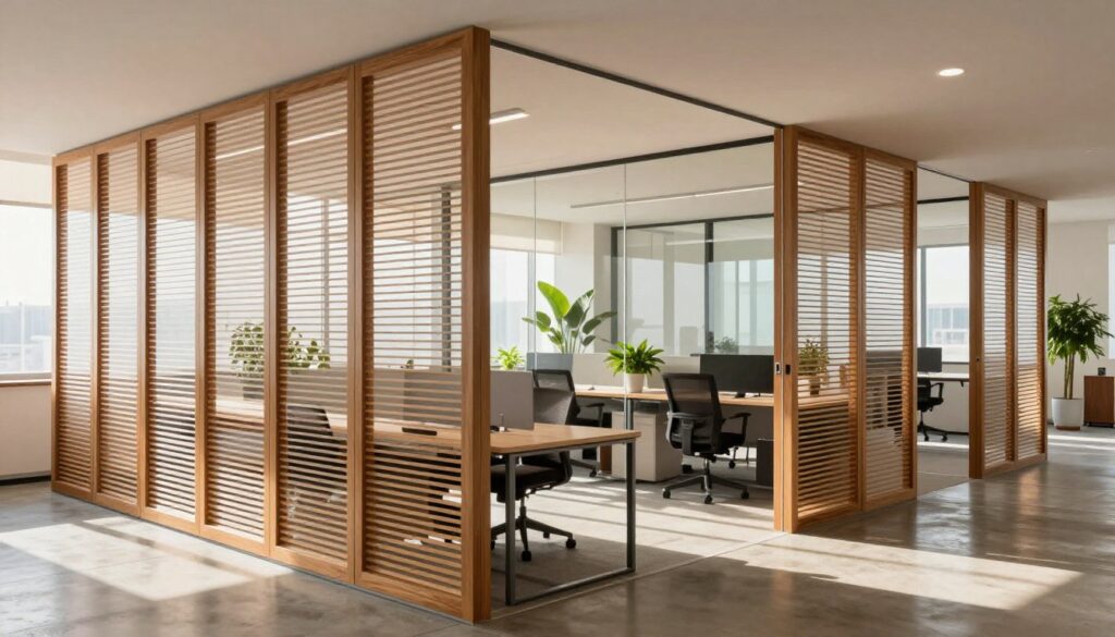 A modern office interior showcasing elegant interior louvers and space dividers that create distinct zones. In the foreground, stylish wooden louvers partition a collaborative workspace, allowing light to filter through while maintaining privacy. In the middle, sleek glass partitions separate meeting rooms, featuring minimalist furniture and vibrant green plants, adding a fresh touch. The background reveals large windows with natural light streaming in, casting soft shadows on the polished concrete floor. The atmosphere is professional yet inviting, emphasizing functionality and aesthetic appeal. The lighting is bright yet warm, ideal for a workspace. The image captures a dynamic blend of modern design elements, showcasing how louvers effectively define interior spaces.