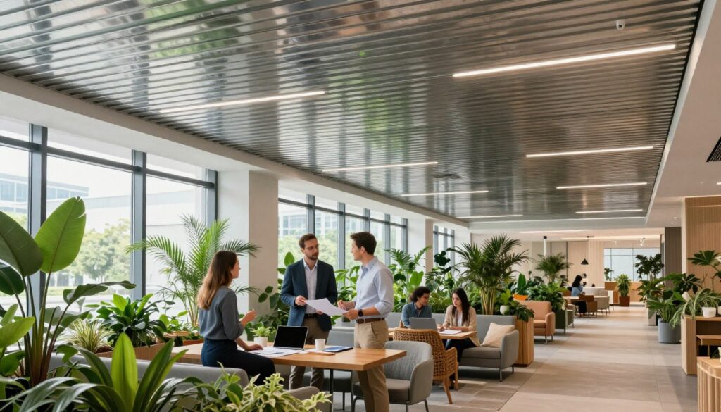 A modern office interior showcasing sustainable metal plank ceilings designed for a green building certification. In the foreground, a sleek, polished metal plank ceiling glistens under natural lighting from large, energy-efficient windows. The middle ground includes professional individuals in smart business attire discussing a project, surrounded by lush indoor plants that emphasize the sustainability theme. The background reveals an open space filled with eco-friendly furniture, organic textures, and soft, ambient lighting. The atmosphere is vibrant and fresh, highlighting the concept of green architecture and the advantages of using metal materials for sustainability in commercial spaces. The scene is photographed at a slight angle to capture depth and detail, ensuring a bright and optimistic mood.