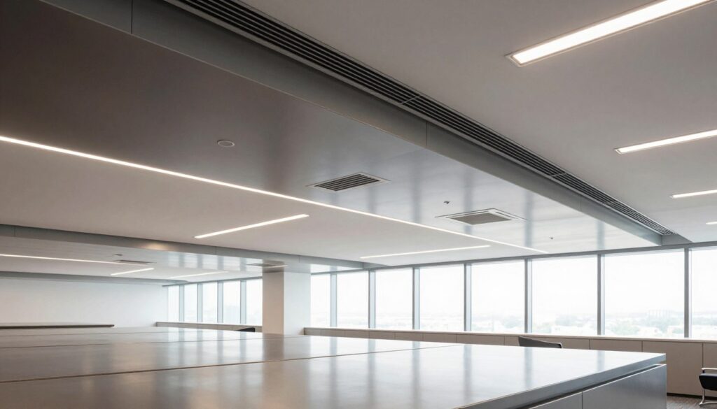 A modern office space featuring seamless HVAC ceiling integration with sleek metal plank systems. In the foreground, a well-defined section showcases the metal planks, giving a sense of depth and sophistication. The middle ground reveals strategically placed HVAC vents and lighting fixtures, beautifully integrated into the ceiling design. The background displays expansive floor-to-ceiling windows allowing natural light to fill the room, creating a bright and inviting atmosphere. The mood is professional and contemporary, emphasizing efficiency and innovation. Use a wide-angle lens to capture the full scope of the design, with soft, diffused lighting to highlight the metallic textures and reflections. No people should be present in the image.