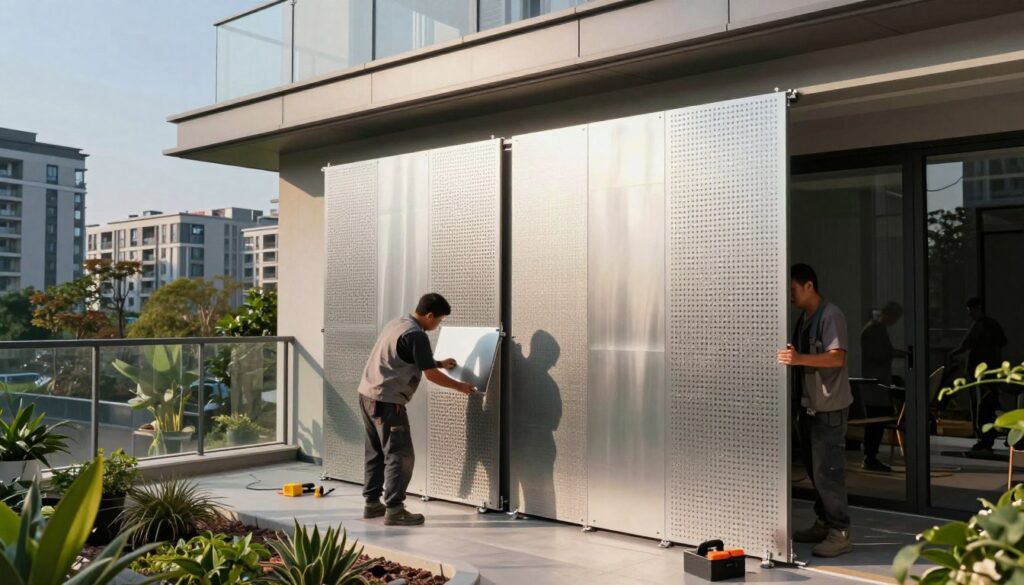 A modern residential balcony showcasing the installation of customized perforated aluminum panels. In the foreground, skilled workers in professional work attire are carefully fitting the panels, with tools and equipment scattered around. The balcony features a sleek glass railing and lush potted plants that add greenery to the scene. In the middle ground, the unique patterns of the aluminum panels are highlighted, reflecting sunlight creating intricate shadows. The background shows a contemporary urban setting with high-rise buildings and a clear blue sky, enhancing the modern aesthetic. Soft, warm sunlight bathes the scene, emphasizing a collaborative and productive atmosphere. The image captures both the design intricacies and the professionalism of the installation process.