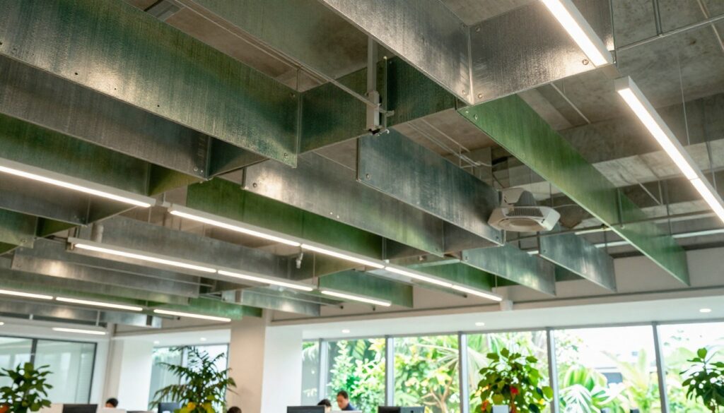 A modern, sustainable office interior featuring innovative metal baffle ceiling systems made from recyclable materials. In the foreground, showcase the ceiling's intricate design with baffles in various shades of green and metallic finishes, gently reflecting light. In the middle ground, highlight elements like energy-efficient LED lighting fixtures that enhance the ceiling's features. The background should depict large windows allowing natural light to flood the space, with views of lush greenery outside, emphasizing the environmental connection. Use a wide-angle lens to capture the grandeur of the space, creating an inviting yet professional atmosphere. The lighting should be bright but soft, enhancing the natural textures of the materials and conveying a sense of sustainability and modernity throughout the environment.
