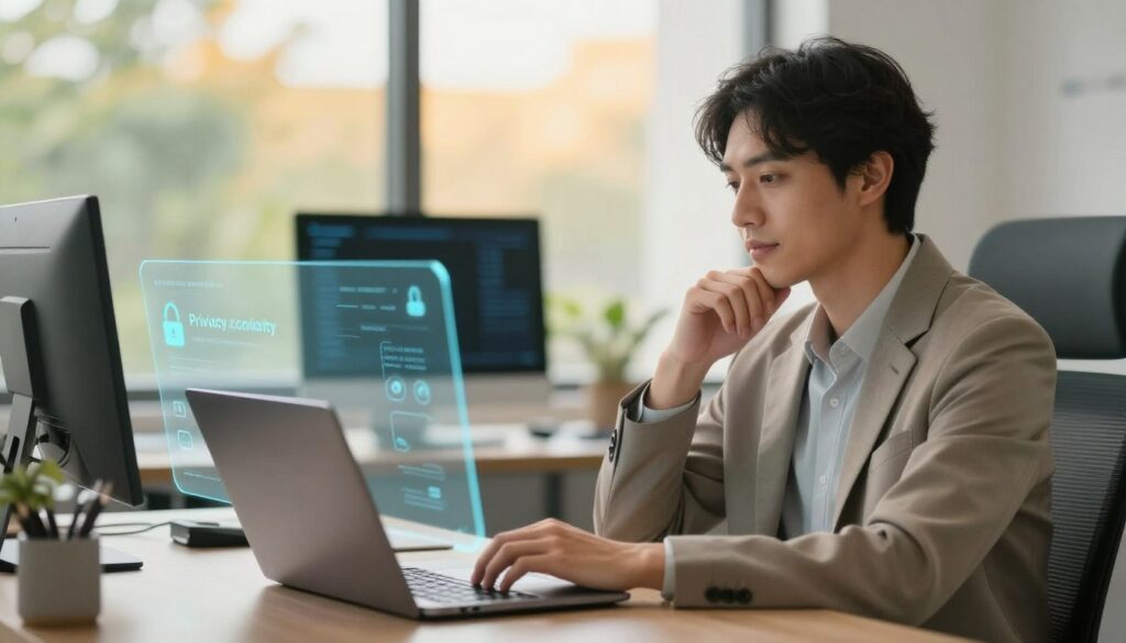 A serene office environment depicting a professional individual in modest business attire, thoughtfully engaging with a privacy technology device, such as a secure laptop or privacy screen. In the foreground, the individual displays a relaxed expression, symbolizing mental well-being and personal control. The middle ground features elements of modern privacy technology, like digital privacy screens and secure communication tools, emphasizing their impact on safety and comfort. In the background, a calming view of nature through a window, with soft, natural lighting filtering in, creates a warm atmosphere. The scene should reflect tranquility and focus, showcasing the intersection of privacy technology and mental health benefits. Use a slight depth of field to draw attention to the subject while maintaining a clean and professional aesthetic.