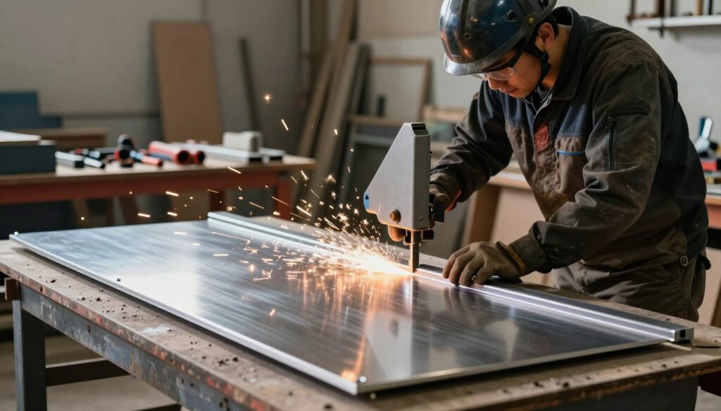 A skilled metalworker is using a band saw to cut metal panels for ceiling border areas. The foreground features the saw cutting smoothly through a shiny, thick metallic sheet, with sparks flying and metal shavings scattered around. The worker, dressed in a protective helmet and safety glasses, is focused and meticulously guiding the metal piece, showcasing precision and care. In the middle ground, a well-organized workstation is visible, equipped with other tools and materials related to metal cutting and installation. The background displays a workshop environment with hard lighting, casting dynamic shadows that enhance the industrial atmosphere. The overall mood is one of concentration and craftsmanship, highlighting the technical skill involved in customizing metal panels for design projects.