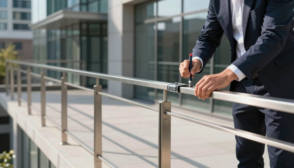 A skilled technician professionally installing sleek, contemporary metal railing systems on a modern building. In the foreground, the technician, dressed in smart business attire, carefully aligns the railing with precision tools. The middle ground showcases a partially installed railing system with clean, geometric lines, emphasizing architectural integrity. The background features a stylish urban environment, with glass building facades reflecting sunlight. The lighting is bright and natural, with shadows subtly enhancing the metallic texture of the railings. Capture the atmosphere of professionalism and attention to detail, showcasing the synergy between safety and aesthetic appeal in modern architectural designs.