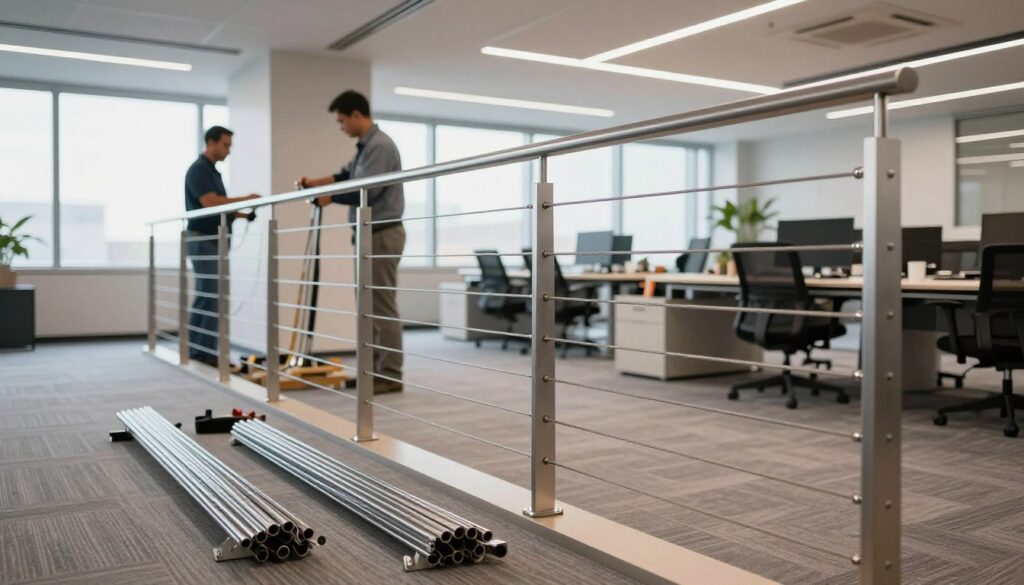 A sleek, modern office space at Duke University, showcasing the installation of a sophisticated cable railing system. In the foreground, neatly positioned tools and materials used for the installation, including metal cables, posts, and brackets. In the middle ground, skilled workers dressed in professional attire methodically installing the railing, demonstrating precision and expertise. The background features large windows allowing natural light to flood the space, creating an inviting atmosphere. The scene is captured from a low angle, highlighting the sleek lines of the railing against the backdrop of stylish office furnishings. Soft, diffused lighting enhances the professional feel, while maintaining focus on the cable railing installation process. The image conveys a sense of modernity, professionalism, and teamwork in a contemporary workspace.