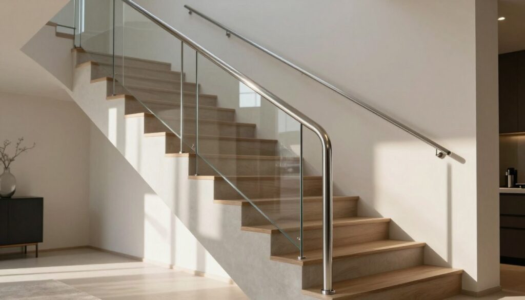 A sleek, modern staircase featuring an innovative stainless steel handrail design that enhances the architectural elegance of a contemporary home. In the foreground, showcase the smooth curves and polished finish of the handrail, reflecting natural light. The middle section should include the staircase, highlighting the quality materials like hardwood or polished concrete, while ensuring the handrail seamlessly integrates into the overall design. In the background, minimalistic interior decor with neutral tones creates a sophisticated ambiance, illuminated by soft, warm lighting that casts inviting shadows. An elegant home setting conveys a sense of investment value, illustrating how quality handrails can elevate property appeal and aesthetic quality. The overall mood should be one of modern sophistication and refinement, captured with a wide-angle lens for a comprehensive view.
