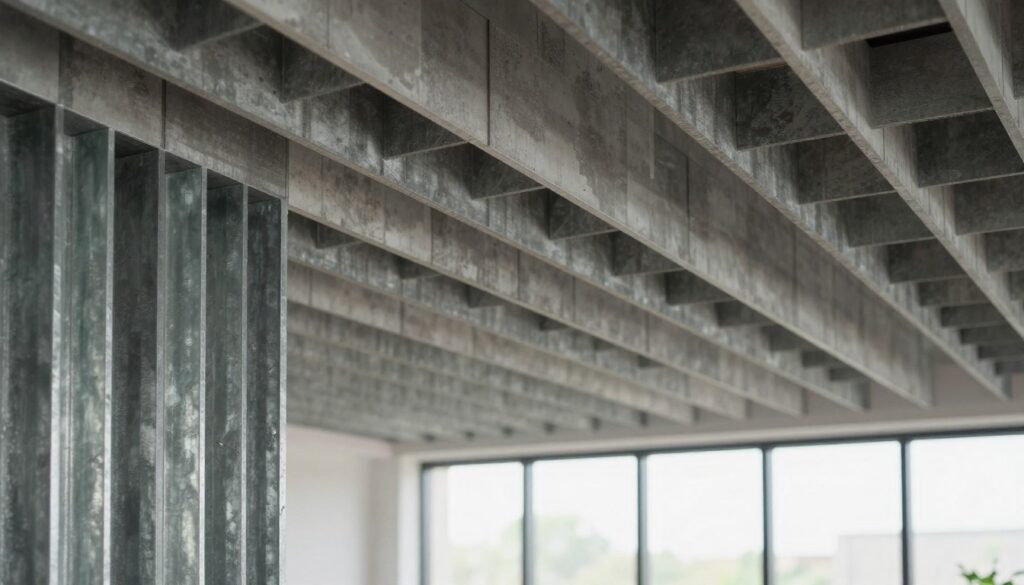 A spacious modern interior featuring a sustainable ceiling system made of recycled metal baffles, arranged in a harmonious, linear pattern. In the foreground, a close-up of intricate baffle designs showcases the textures of the recycled metal, reflecting natural light. The middle ground reveals the full ceiling layout, with a focus on the baffles' acoustic properties, creating a sound-friendly environment. In the background, large windows flood the room with soft daylight, enhancing the eco-friendly atmosphere. Utilize soft, diffused lighting to highlight the metallic sheen and subtle colors of the material. Capture a clean, minimalist aesthetic to evoke feelings of sustainability and modernity, suitable for an office or creative workspace environment.
