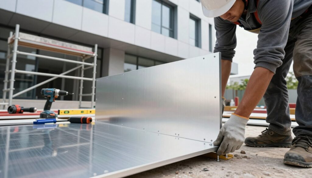 A step-by-step view of the composite panel installation process for an aluminum facade system. In the foreground, a skilled worker in modest casual clothing is carefully aligning a composite panel with T-bolts, wearing protective gloves and a hard hat. The middle ground features scaffolding and various tools like drills and levelers, organized for efficient workflow. In the background, a partially completed building showcases a sleek, modern facade. The lighting is bright and natural, highlighting the shiny aluminum surfaces and reflecting off the panels. The atmosphere is focused and professional, conveying an engaging and practical environment for construction. Capture the depth with a slightly low-angle perspective to emphasize the scale of the installation process.