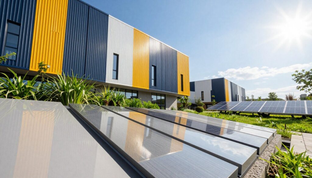 A vibrant modern building featuring energy-efficient metal siding that showcases sleek, customizable, and sustainable design elements. In the foreground, display different panels of varying textures and styles, highlighting their reflective surfaces and eco-friendly finishes. The middle ground should illustrate the building's context, with lush greenery and solar panels integrated into the landscape, emphasizing the harmony between nature and technology. The background includes a clear blue sky and sunlight streaming down, enhancing the atmosphere of innovation and sustainability. Capture this from a low angle, utilizing a wide lens to provide a dynamic perspective that emphasizes the building's vertical lines and modern architecture. The overall mood is optimistic and forward-thinking, perfect for illustrating the benefits of sustainable construction.